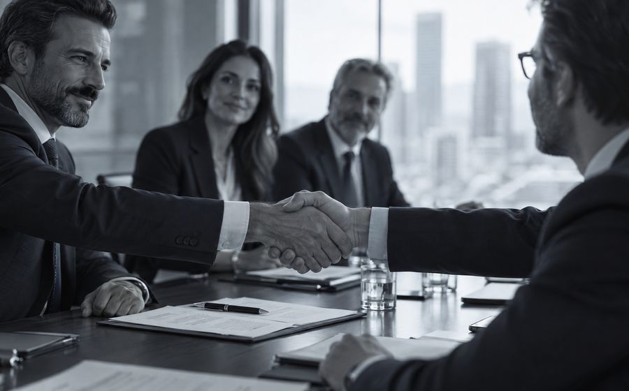 Sócios selando acordo em conselho, símbolo da holding de participações